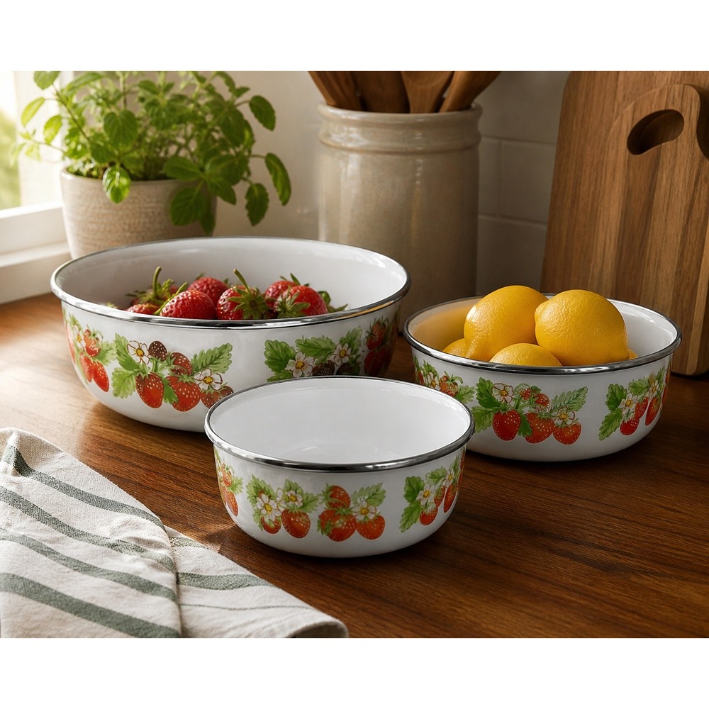 Vintage Kobe Strawberry Enamel Nesting Mixing Bowls Set of Three 1970s Japan